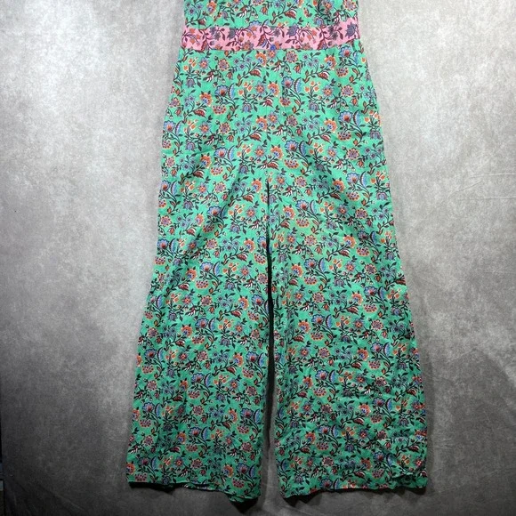 Boden Cross Over Linen Jumpsuit Womens 4 Green Pink Floral‎ Sleeveless Boho NEW - Picture 3 of 13